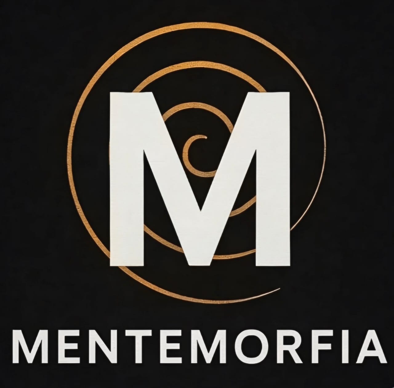 Logo de Mentemorfia: una M blanca sobre una espiral cobriza